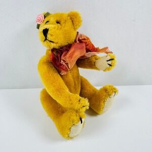 Vintage Miniature Mohair Jointed Teddy Bear Golden Yellow Plush Bow Head Static